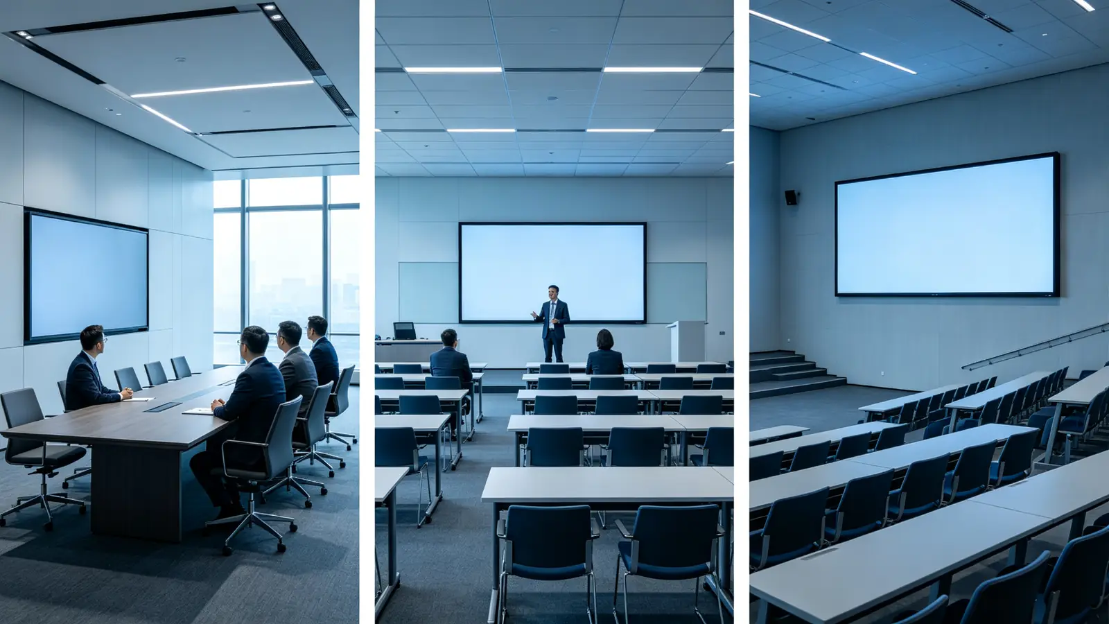 Qtenboard large-format 4K interactive whiteboards in boardroom, training room, and lecture hall