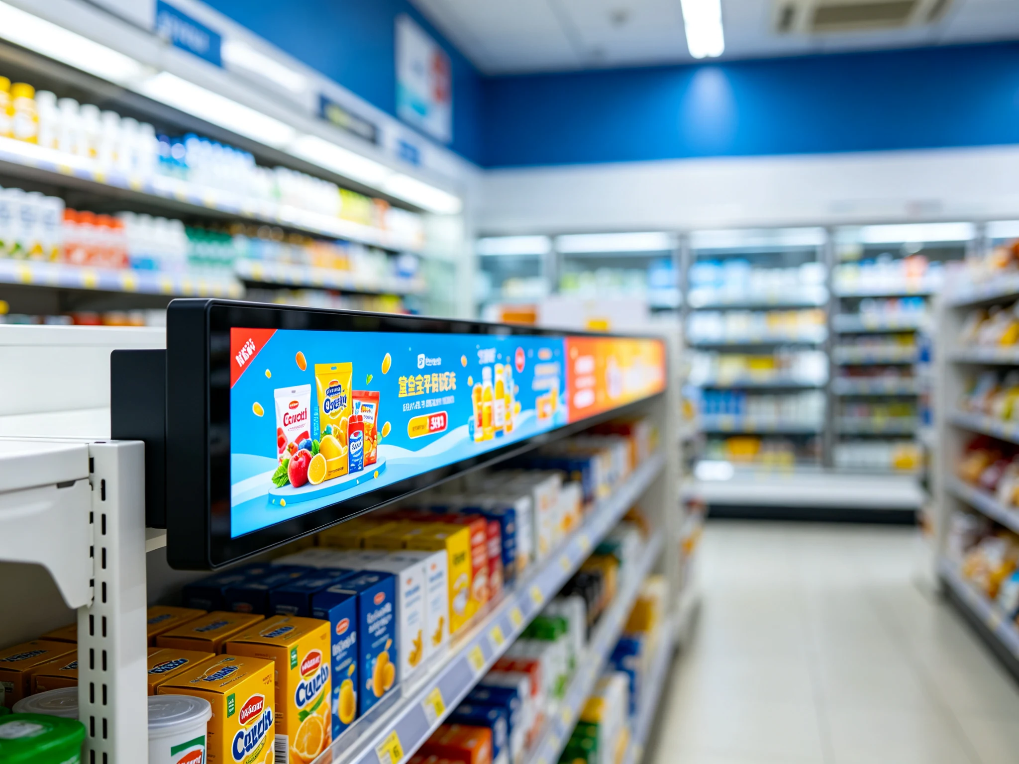 Qtenboard LCD display shelf strip on retail shelves