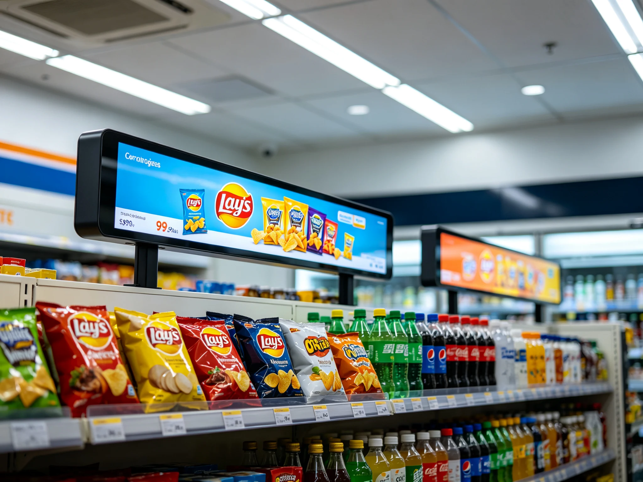 Qtenboard shelf strip screens on convenience store snack shelf