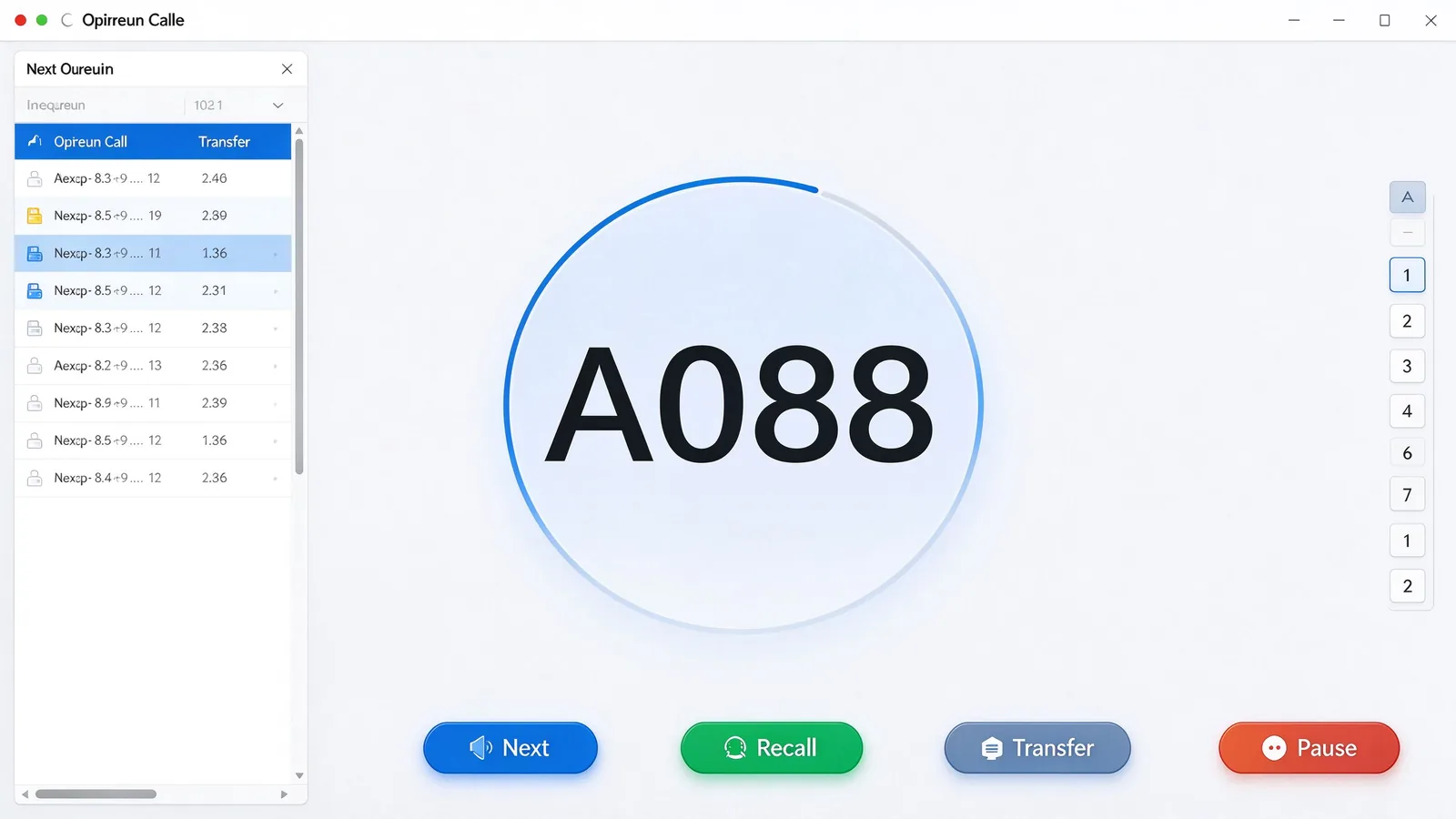 Queue calling agent software interface with next, recall, transfer and pause queue controls