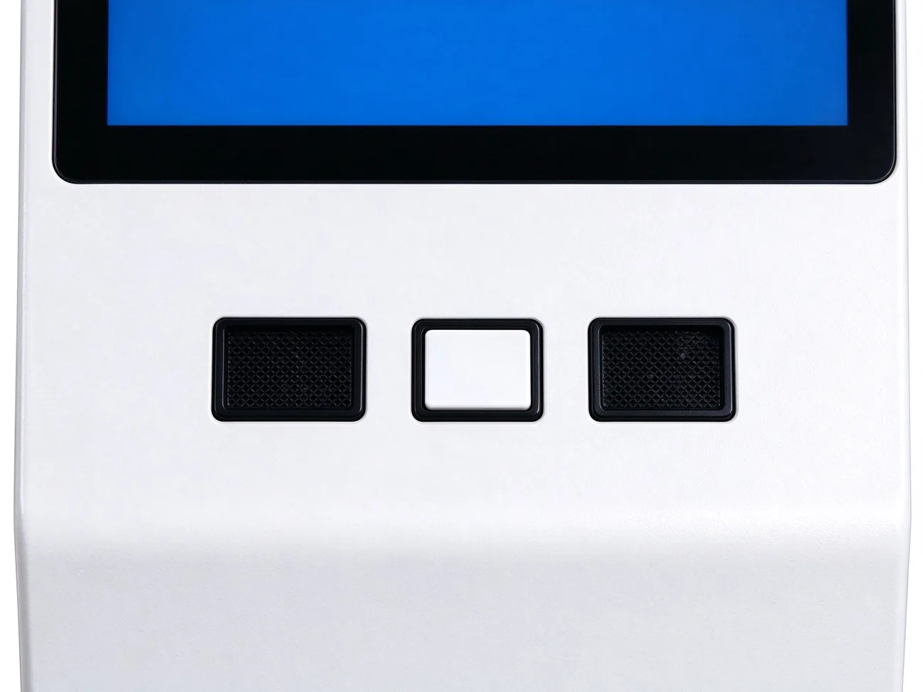 Queue kiosk control strip with two black reader pads and white scanner button below touchscreen