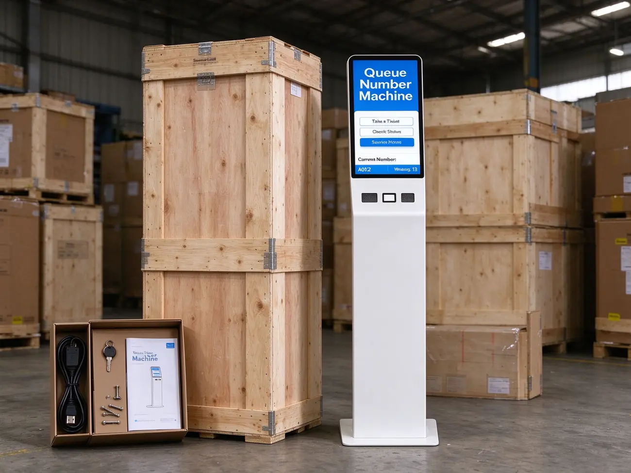 Queue kiosk packaging with wooden crate, power cable, keys, screws and user manual for shipment