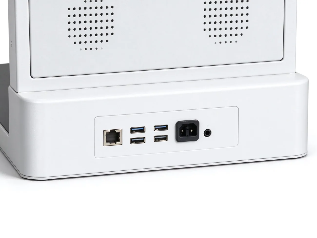 Queue kiosk rear base interface panel with RJ45 ethernet, USB ports and power inlet