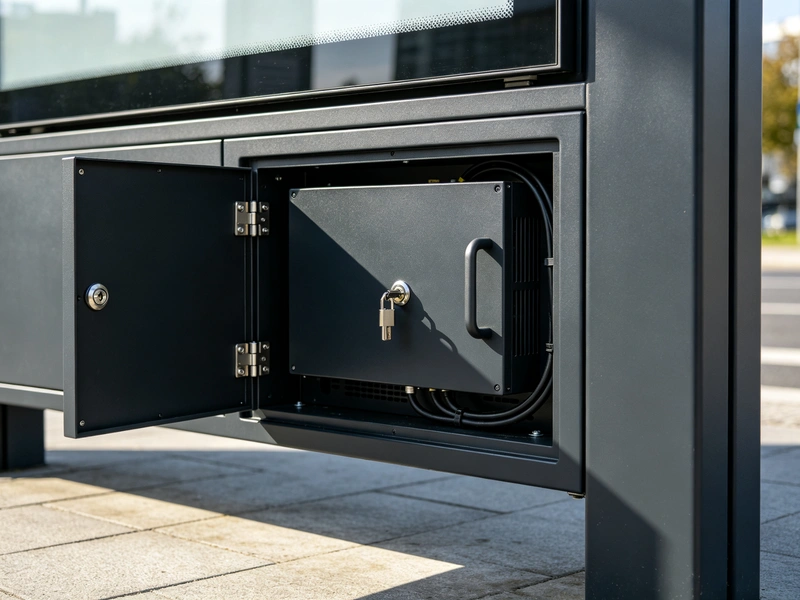 Rear maintenance access door of smart bus stop digital signage kiosk for power, network, media player and thermal system service.