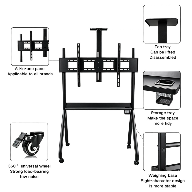 Qtenboard mobile interactive whiteboard stand exploded view, 360° silent casters, storage tray, all-in-one universal VESA mounting panel