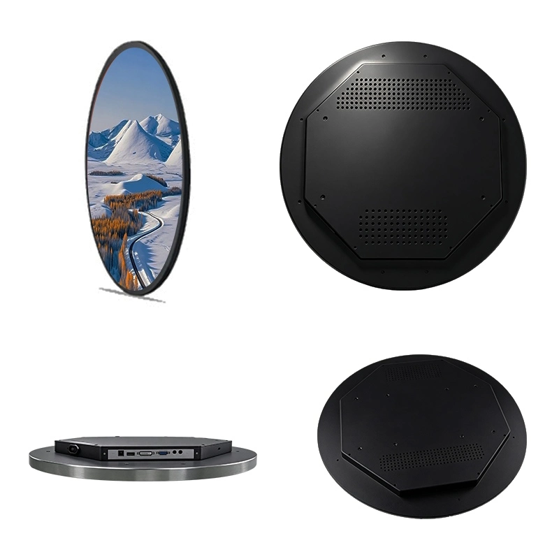 Qtenboard round LCD display side view and back panel, circular digital signage with rear ventilation and interface ports