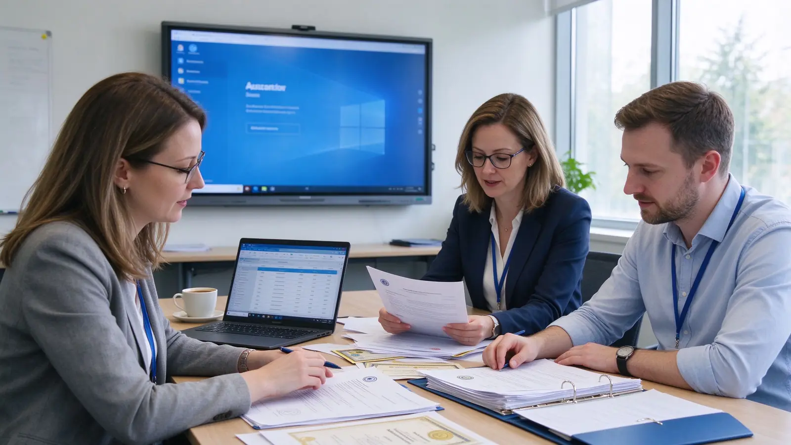 School procurement team reviewing interactive whiteboard compliance documents