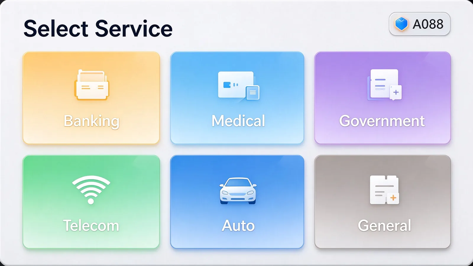 Self-service queue ticket dispenser touchscreen interface for selecting banking, medical, government, telecom, auto and general services