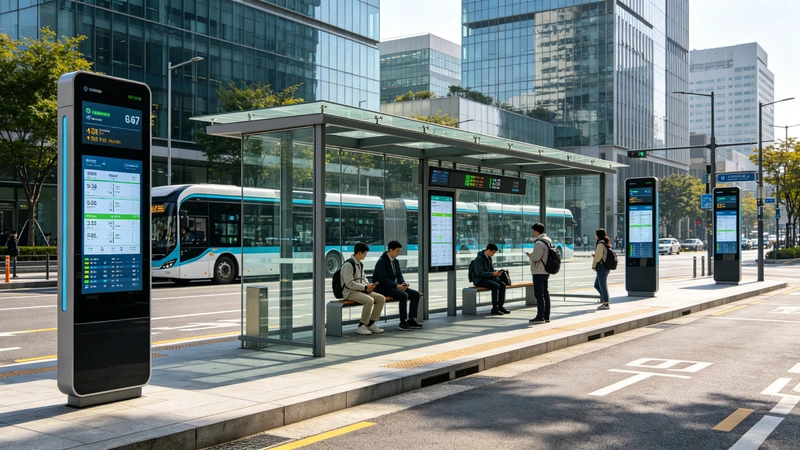 Smart bus stop digital signage installed at a transit hub showing real-time bus arrival and route information.