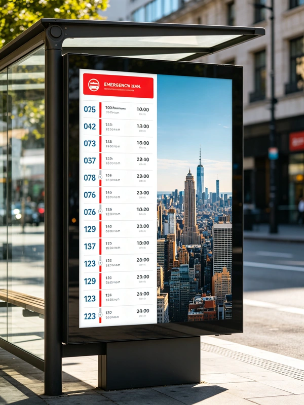 Smart bus stop display screen layout combining real-time bus arrival information, emergency alert and digital advertising.