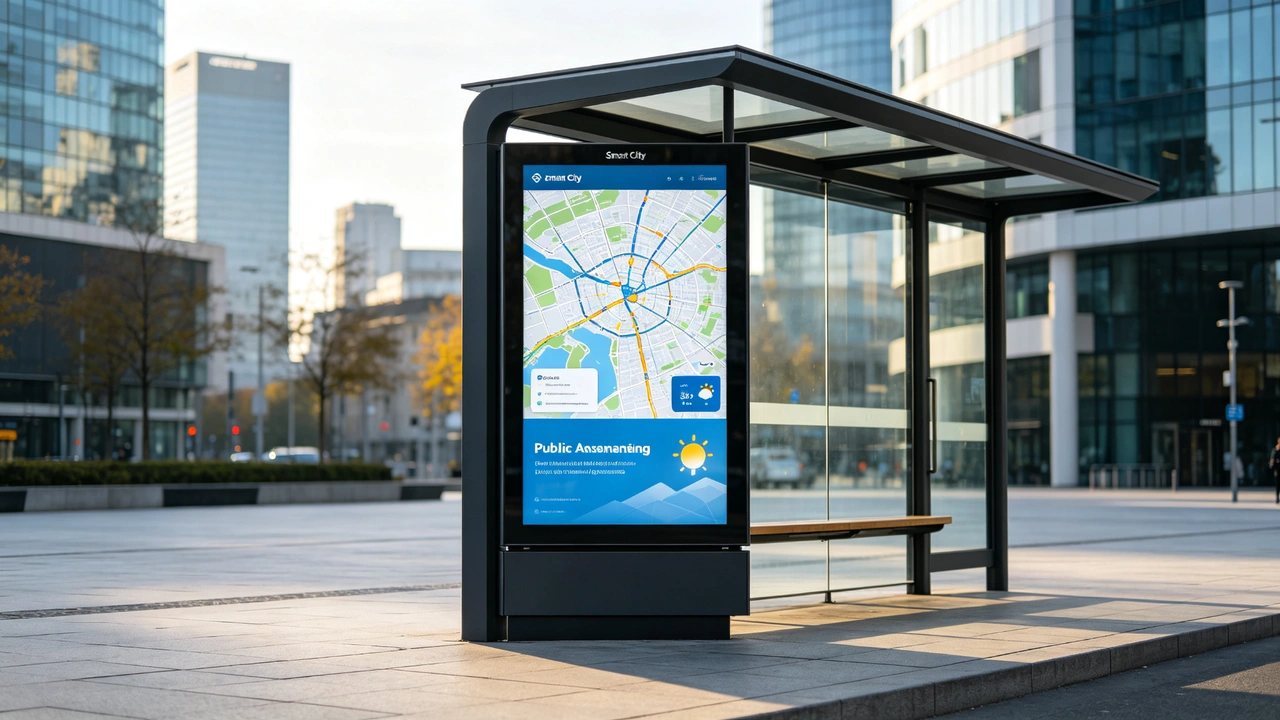 Smart city bus stop display showing city map, public announcement and weather information.