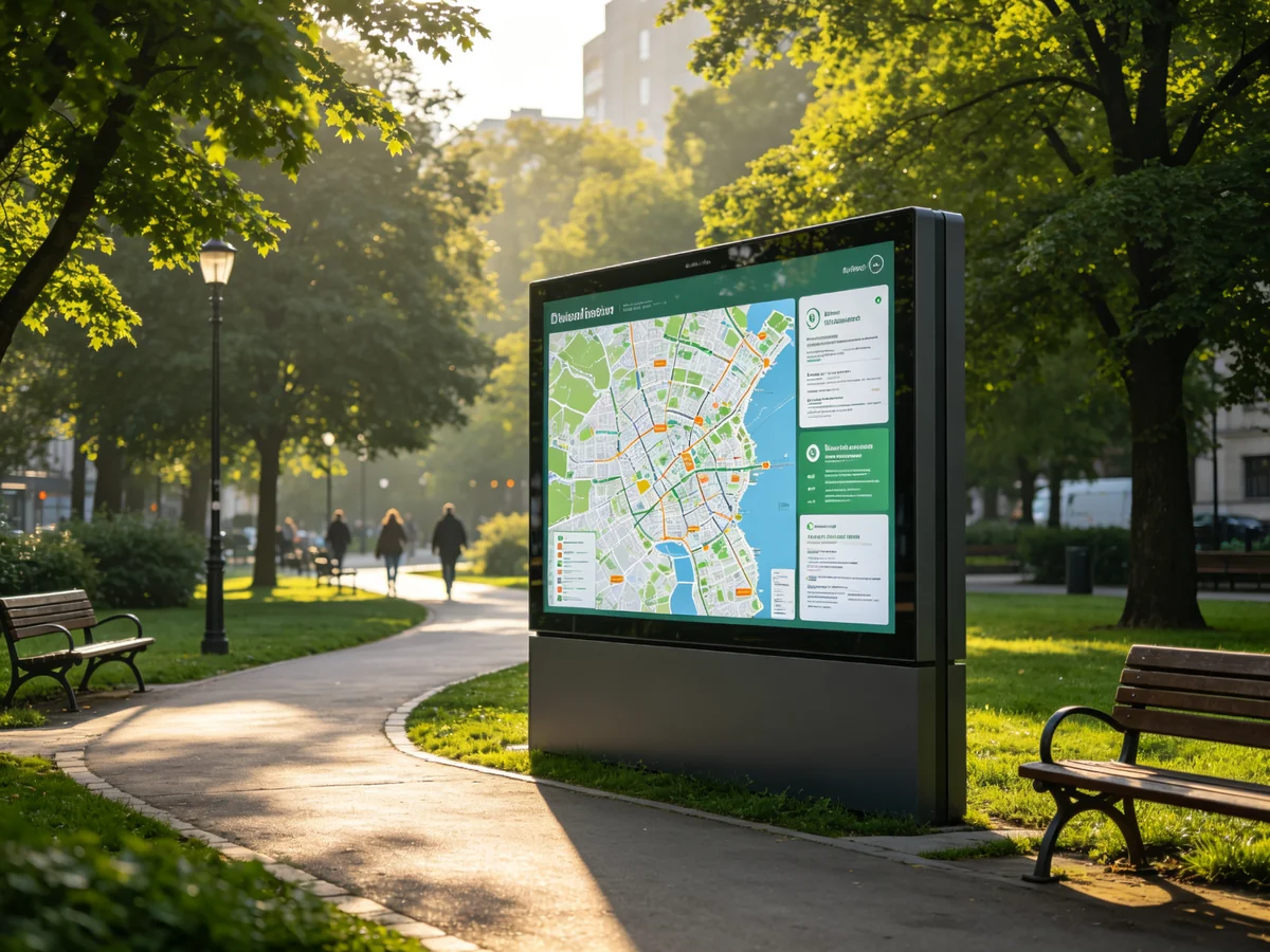 Smart city public information kiosk in park showing city map and emergency notices.