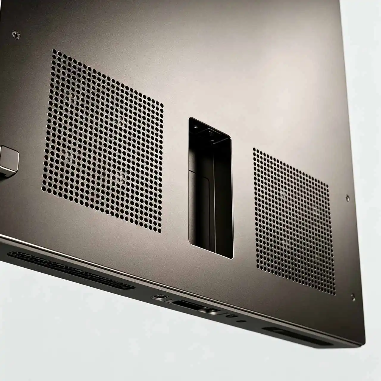 Rear panel close‑up of smart fitness mirror, metal back cover with cooling vents, carry slot and interface ports