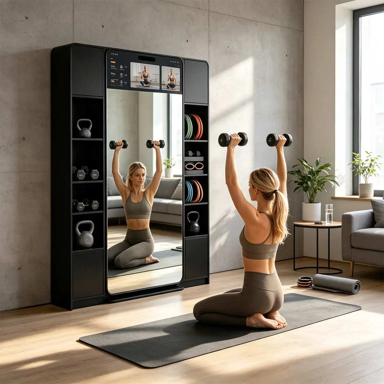 Space-efficient Qtenboard fitness mirror dashboard interface