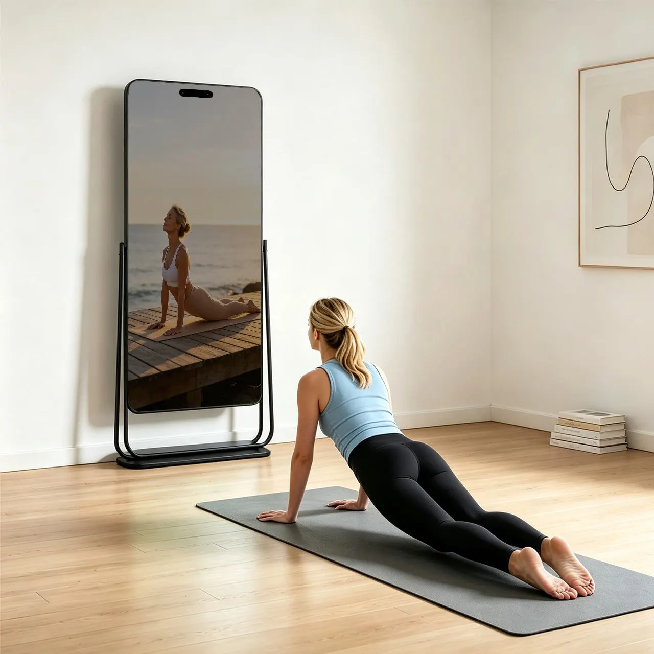 Qtenboard smart fitness mirror displaying a guided yoga workout