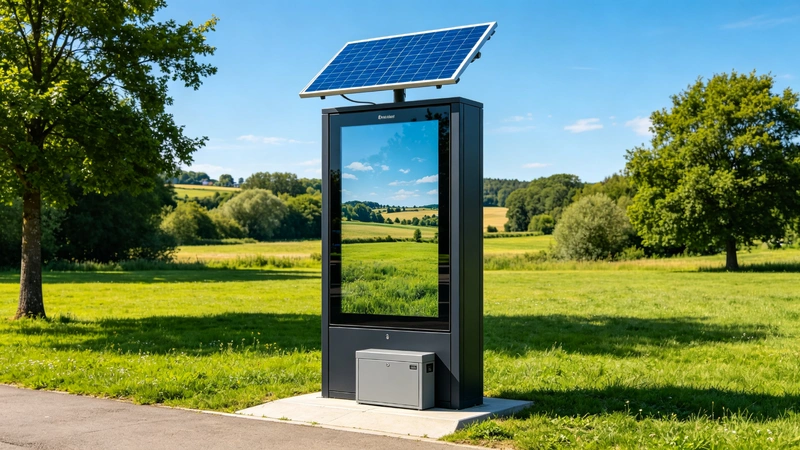 Solar panel and battery backup solution for smart bus stop digital signage in locations without stable grid power.