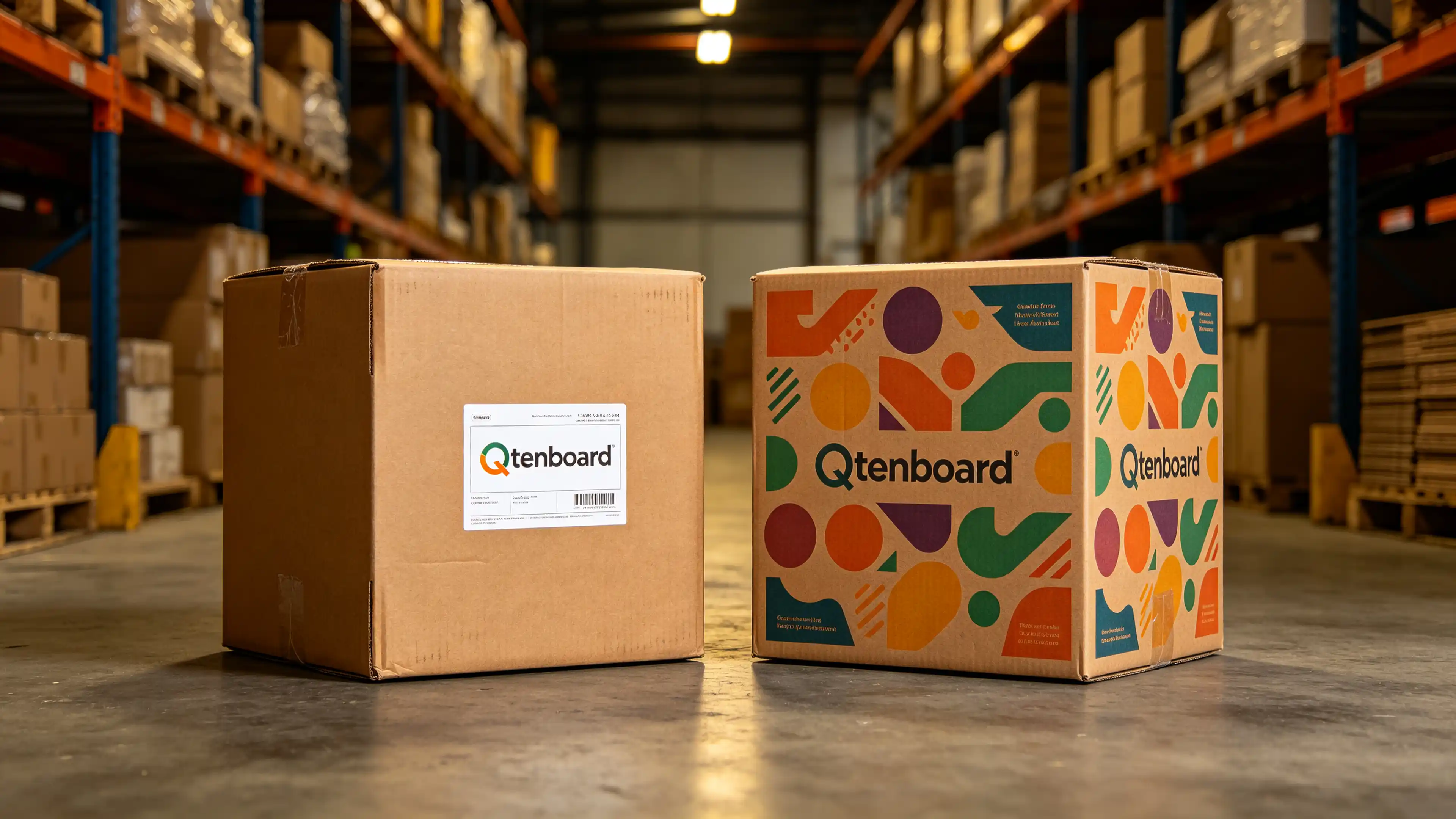 Sticker-branded carton next to custom-printed carton