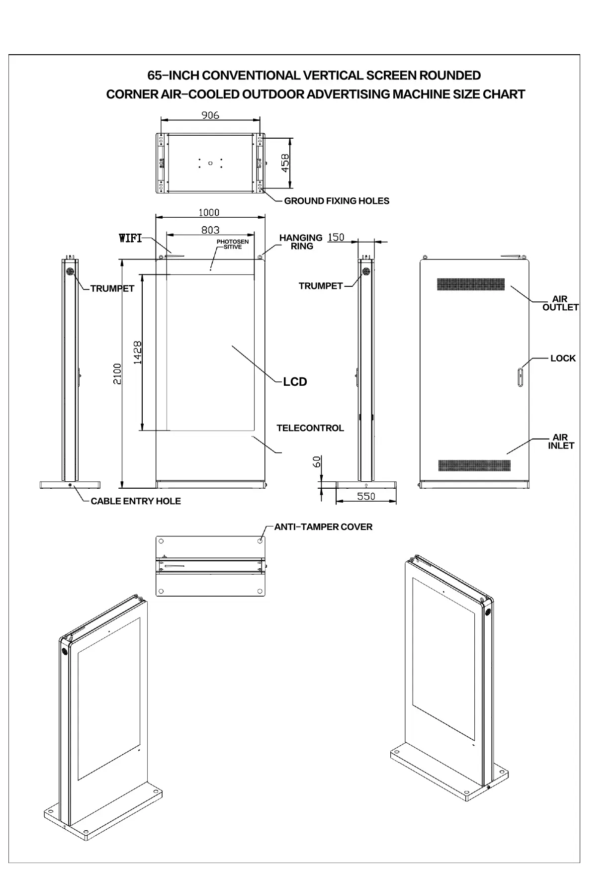Technical dimension drawing of smart bus stop digital signage showing portrait screen size, cabinet height, base width and mounting points.