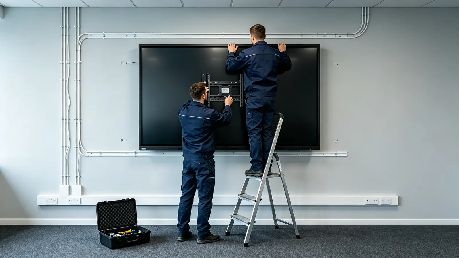 Technicians installing a large 4K interactive whiteboard with wall mount in a meeting room