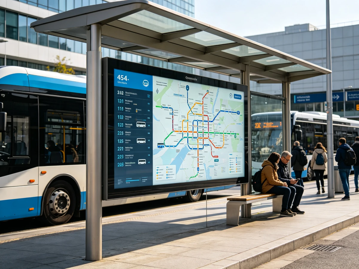 Transportation outdoor digital signage kiosk displaying bus schedule and route map.