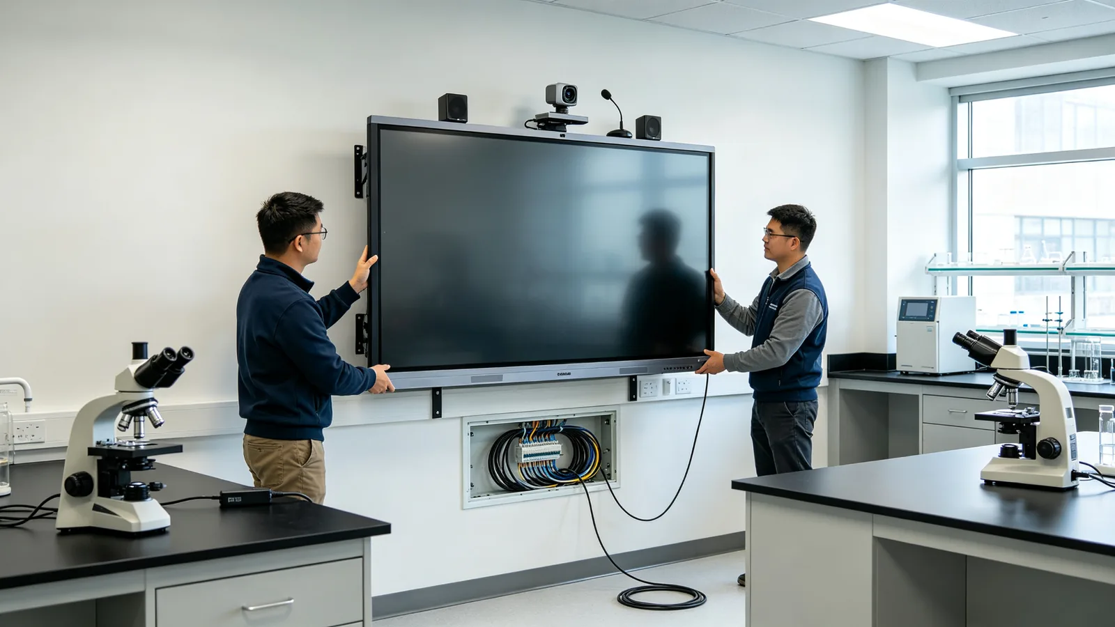 University lab interactive display installation with instrument connectivity, microscope camera input, safety-compliant mounting and hybrid teaching camera setup