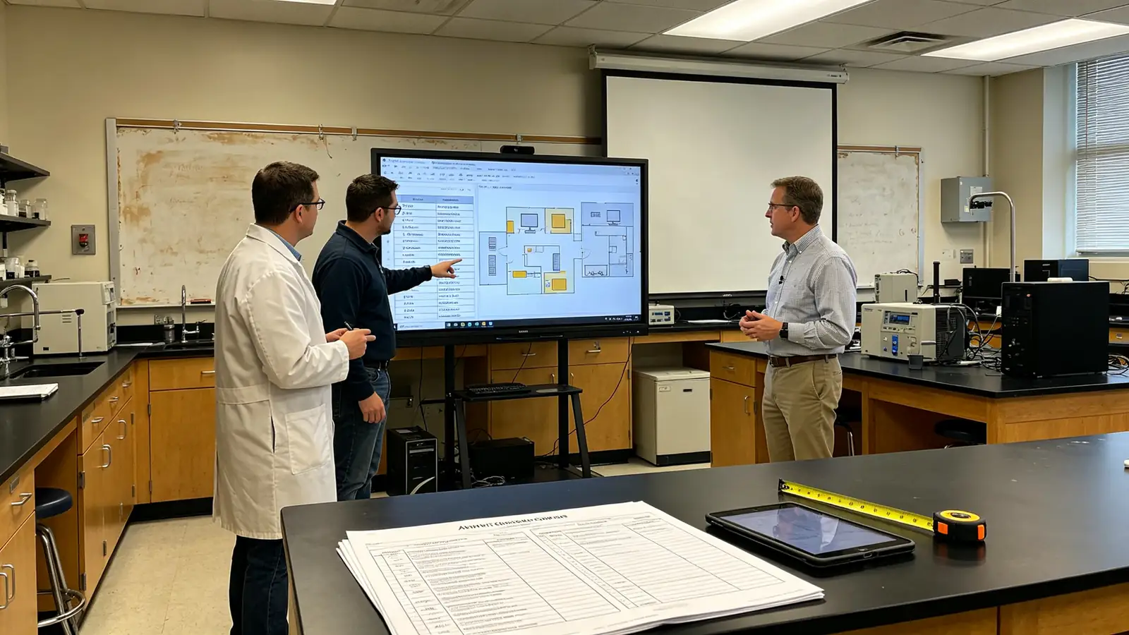University lab upgrade audit checklist covering equipment inventory, infrastructure assessment, teaching pain points and stakeholder mapping for a multi-lab modernization project