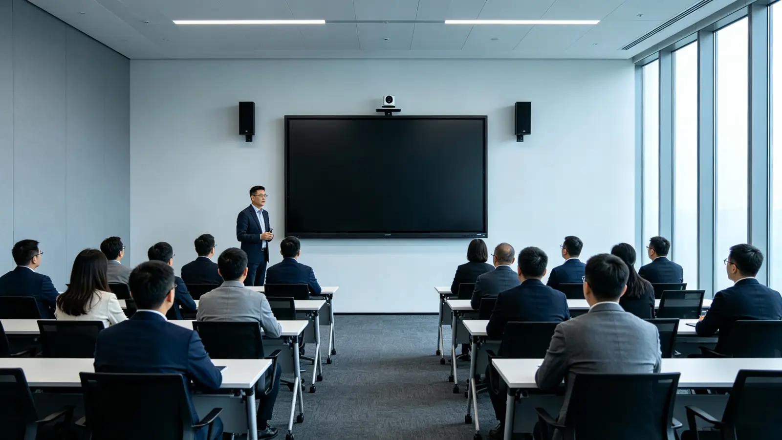 Video conference setup with a 4K interactive whiteboard, camera, and speakers in a large training room