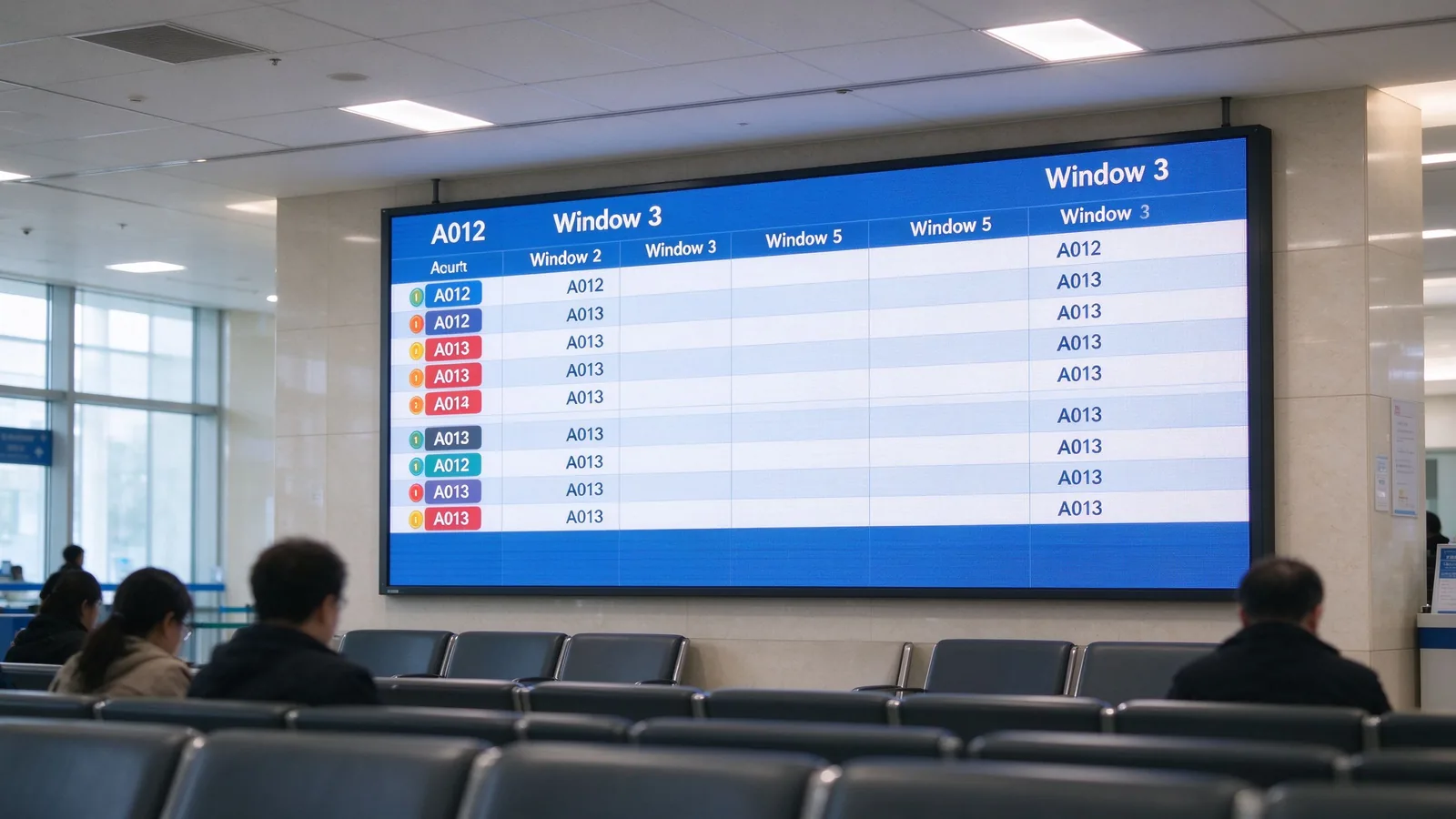 Waiting area queue display screen showing queue numbers and window numbers in a service hall