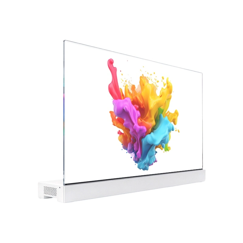 55‑inch Qtenboard transparent oled monitor freestanding white base side view product photo