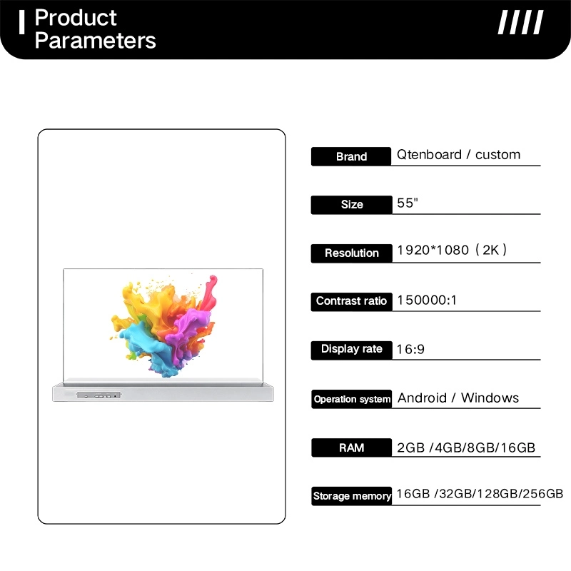 55 inch transparent oled monitor product specification sheet Qtenboard customizable ram storage android windows system