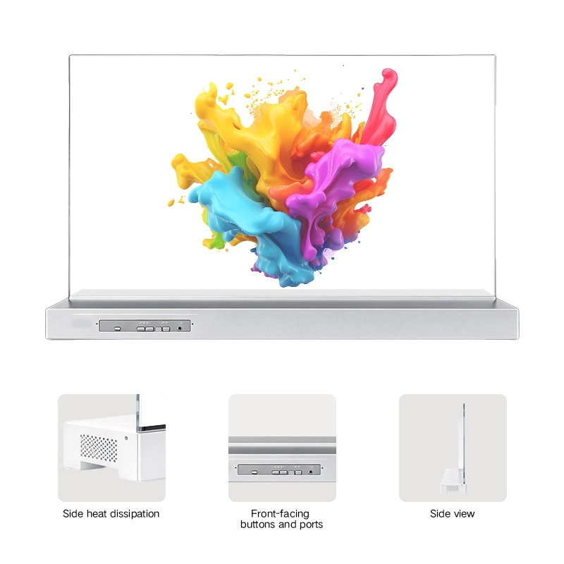 Qtenboard transparent oled display front view with close‑ups for side heat dissipation, control buttons and thin side profile