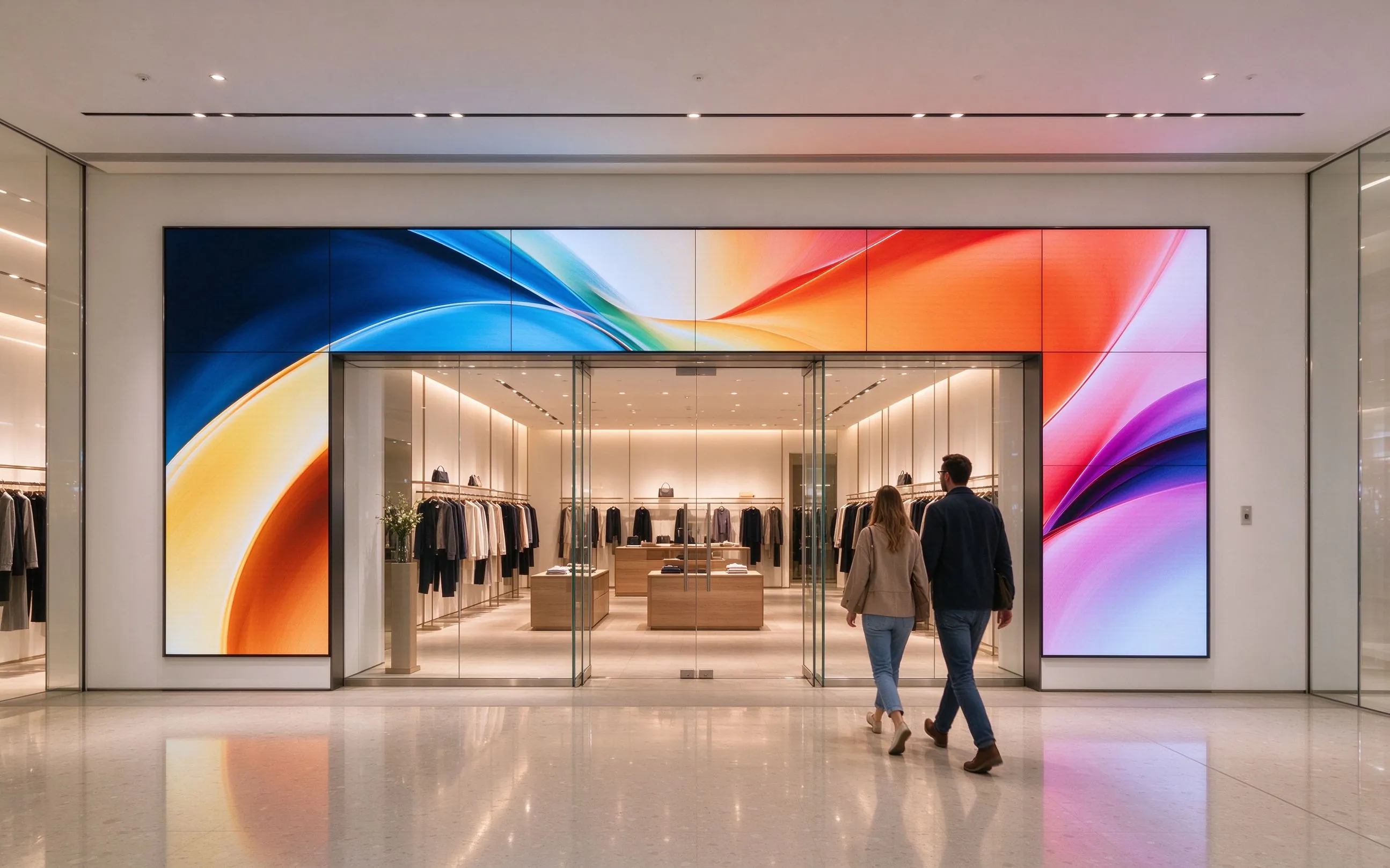Brand store entrance video wall displaying campaign content using Qtenboard ultra-narrow bezel LCD panels.