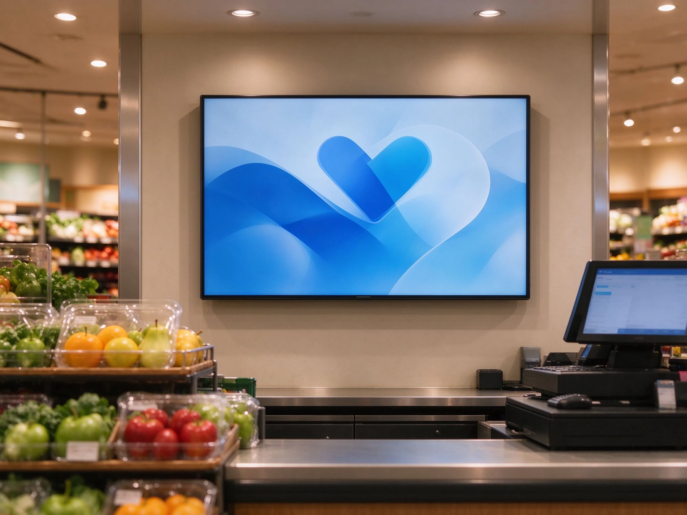 Checkout waiting area digital signage display powered by Qtenboard showing loyalty program and product recommendations.