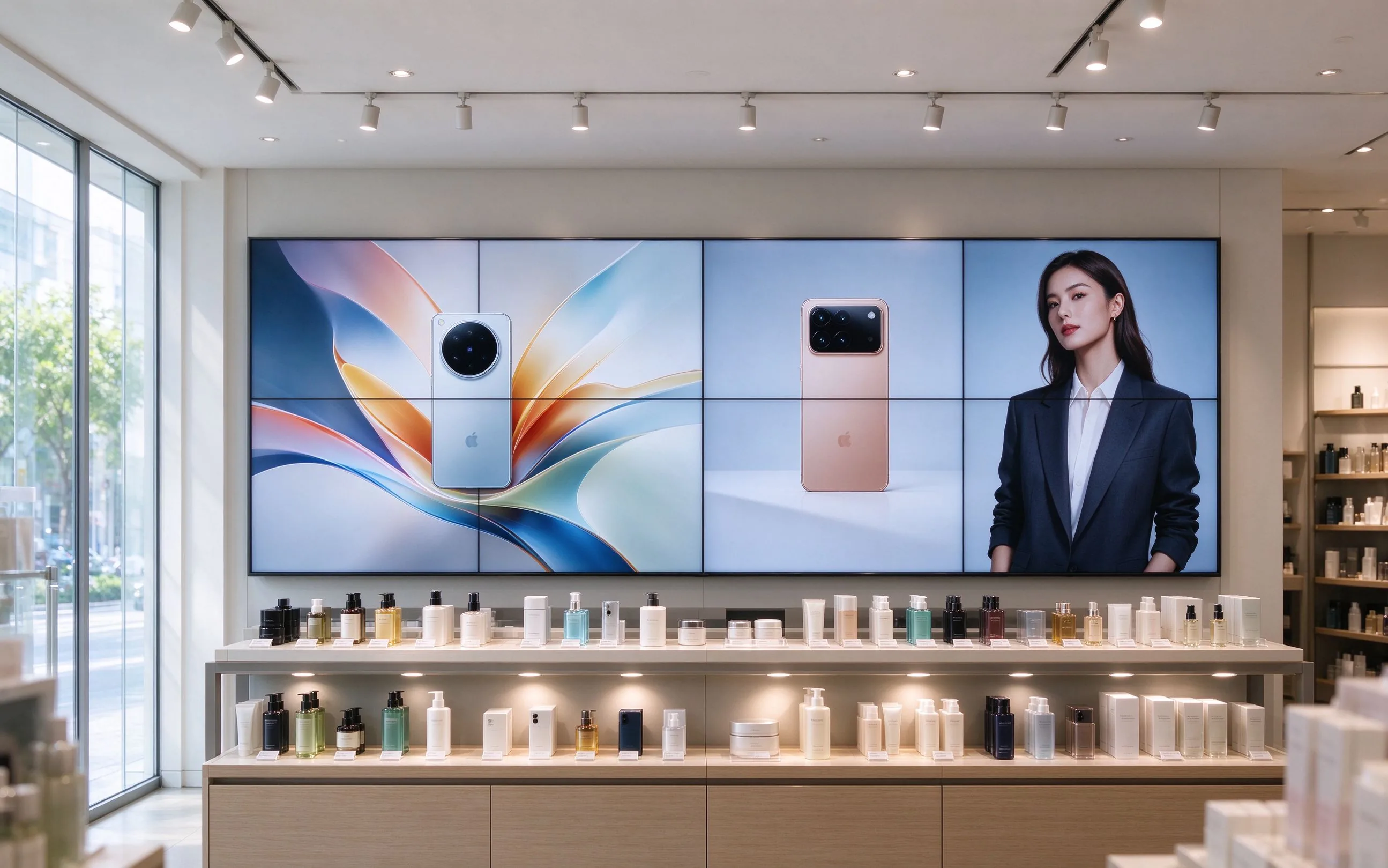 In-store product display zone with Qtenboard video wall showing multi-zone split-screen product promotions and brand content.