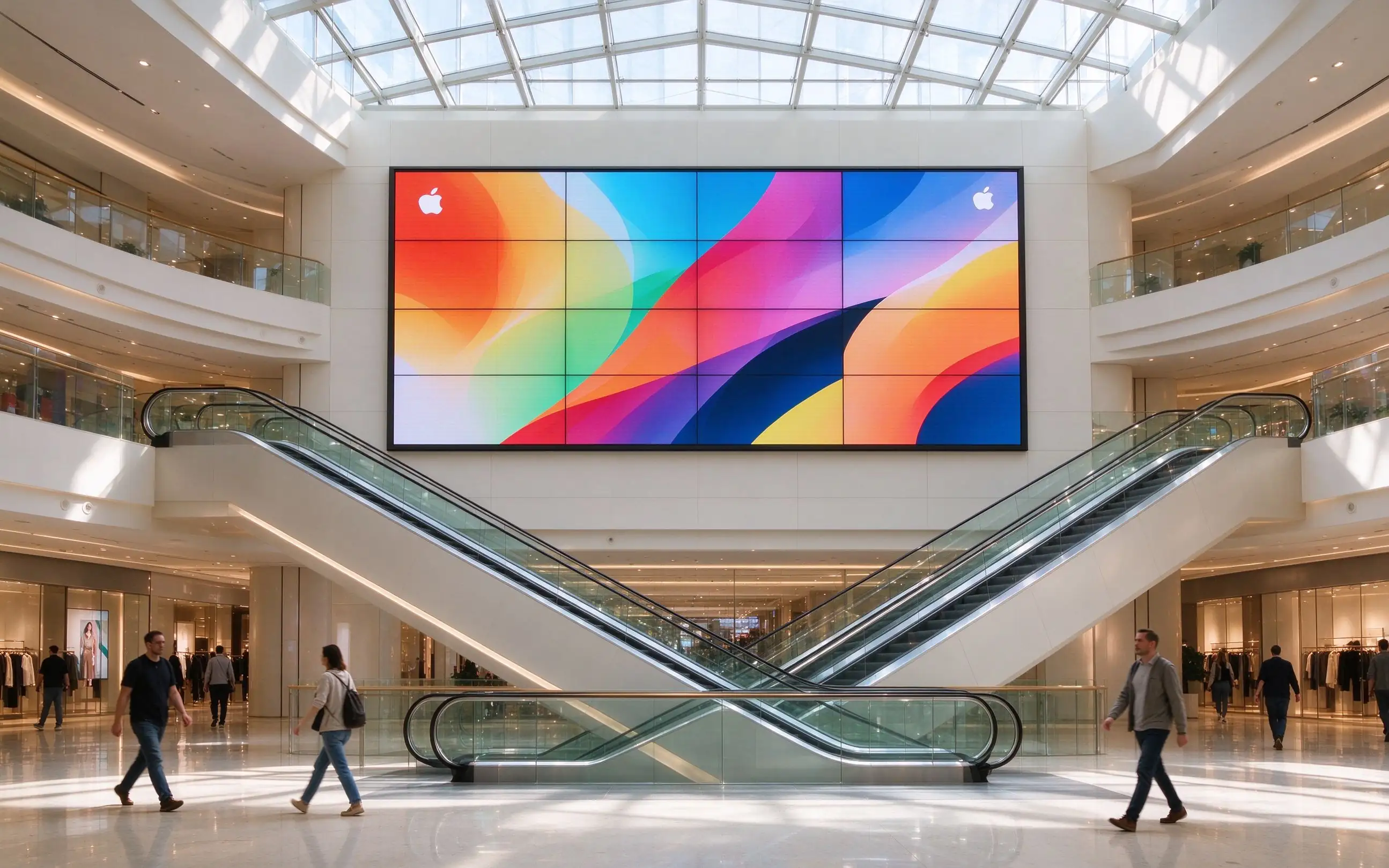 Large atrium video wall installation using Qtenboard LCD panels with custom splicing layout for brand event space.