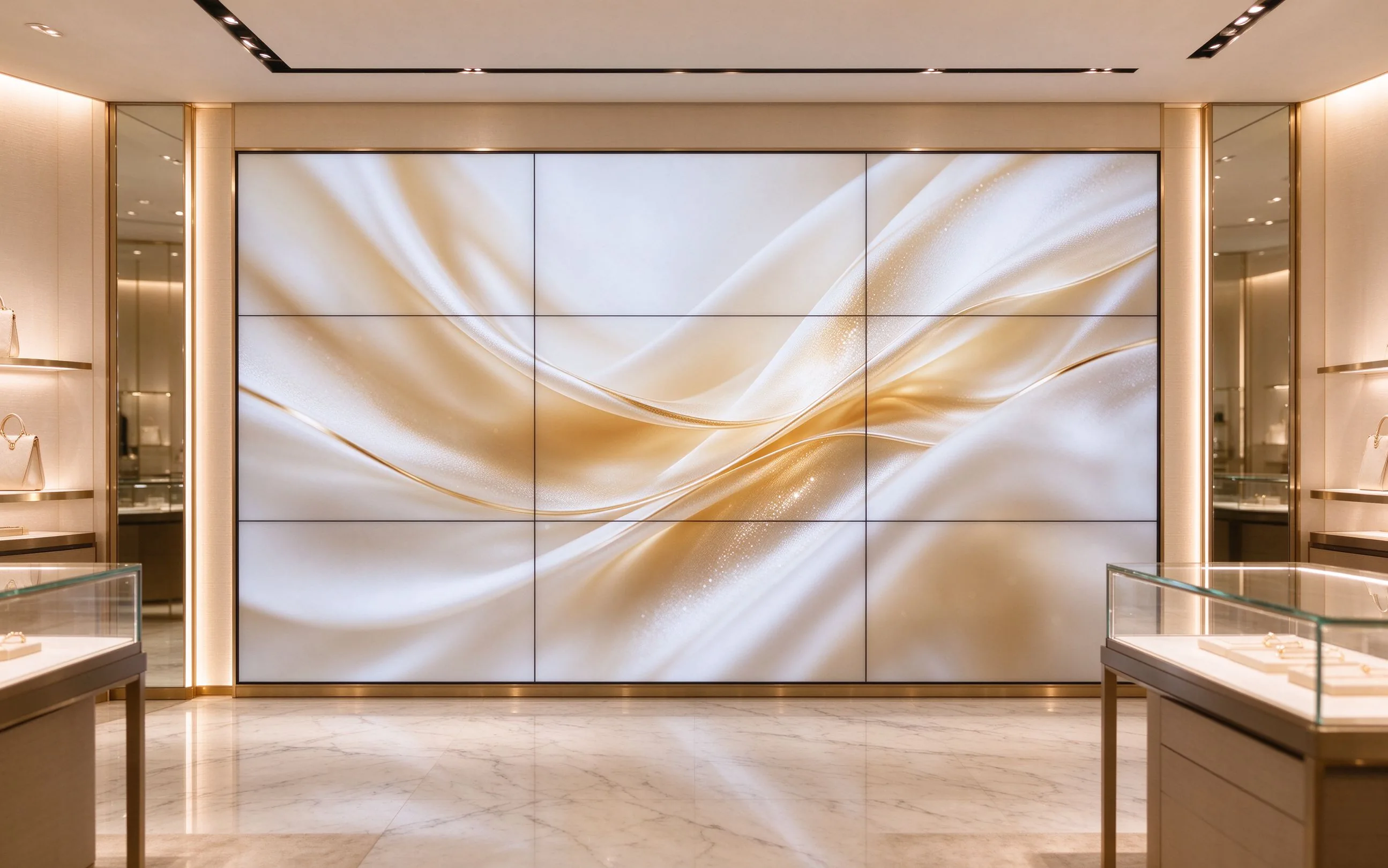 Premium retail brand store video wall deployment using Qtenboard ultra-narrow bezel LCD panels.