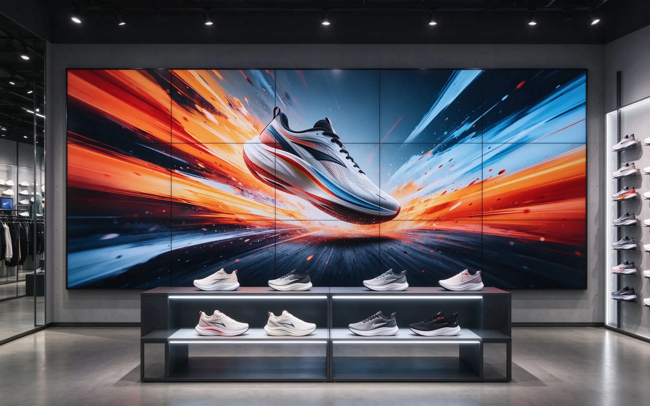 Qtenboard retail LCD video wall installation serving global brand stores including Adidas, Anta, Chanel and DJI.
