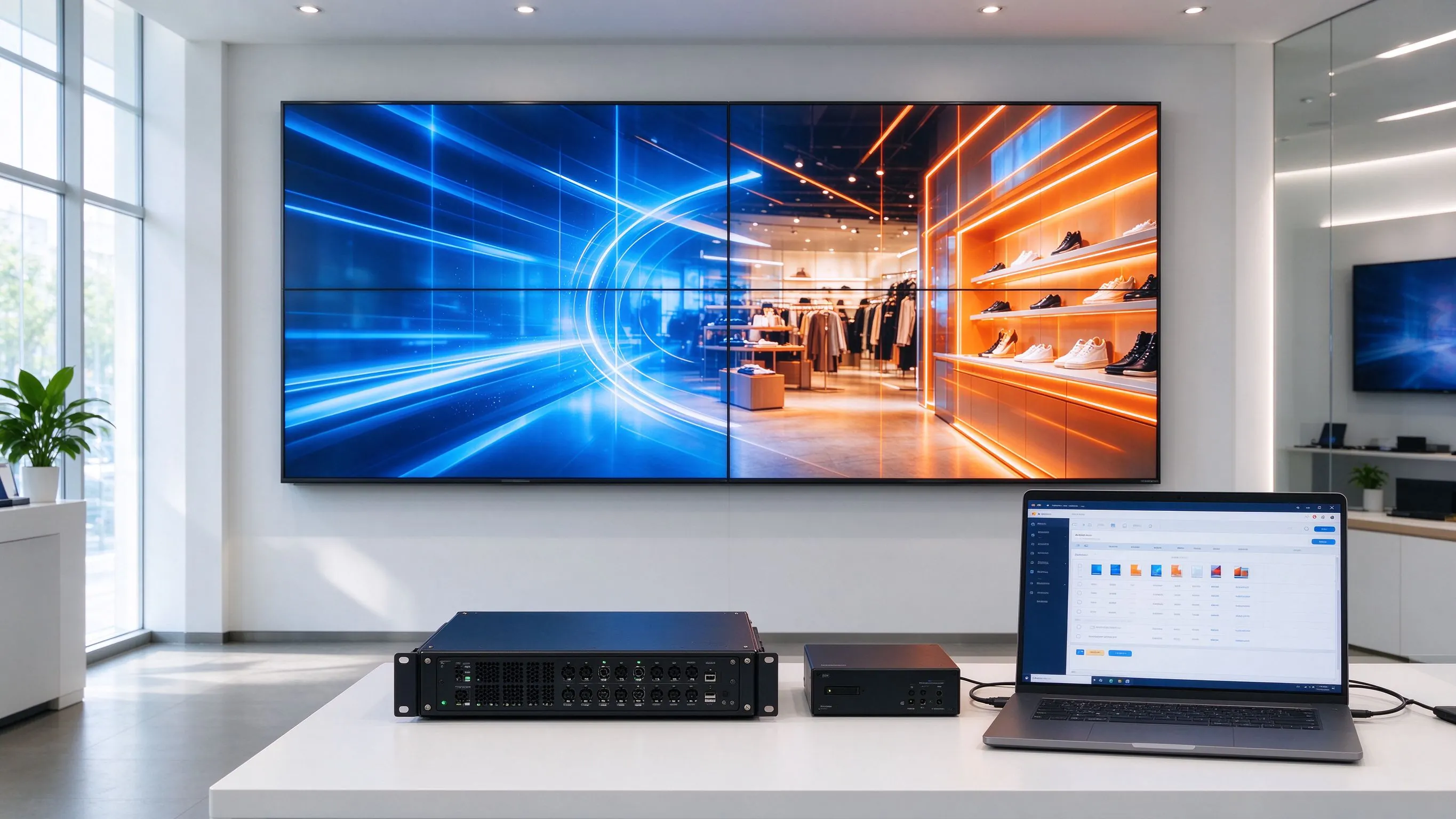Qtenboard retail LCD video wall solution overview showing display panels, controller, CMS and playback box as one integrated system.
