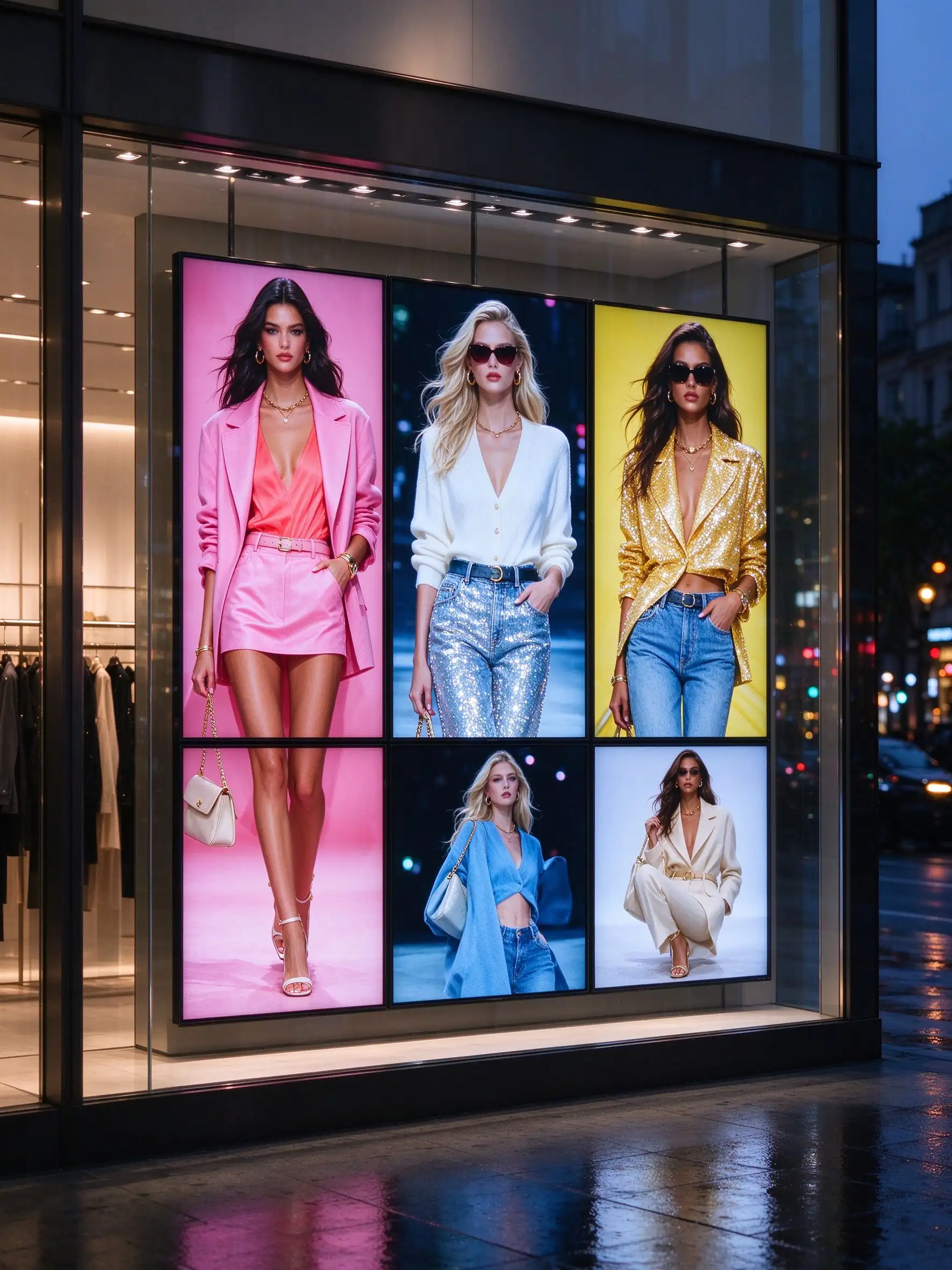 Retail store window display using Qtenboard LCD video wall with high-brightness panel for street-facing advertising.