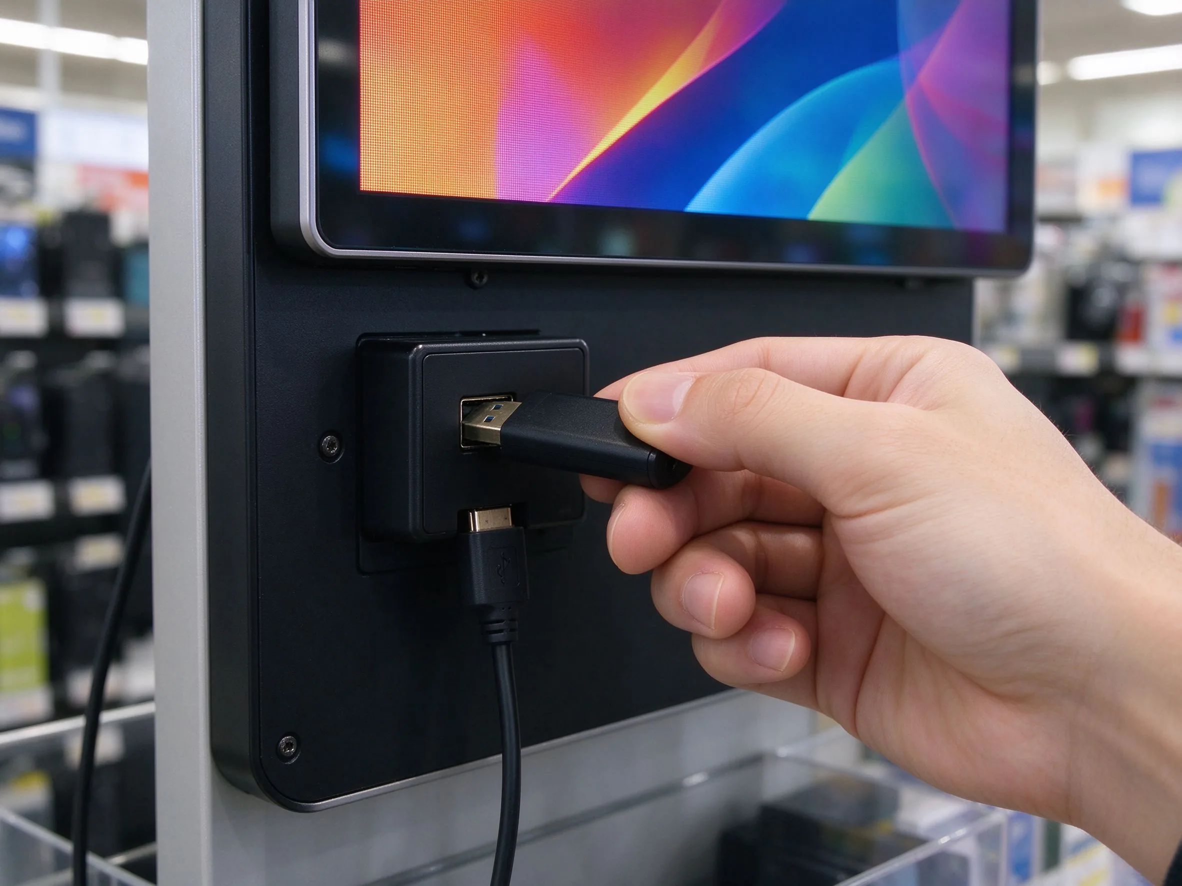 USB plug-and-play content playback on Qtenboard retail digital signage display.
