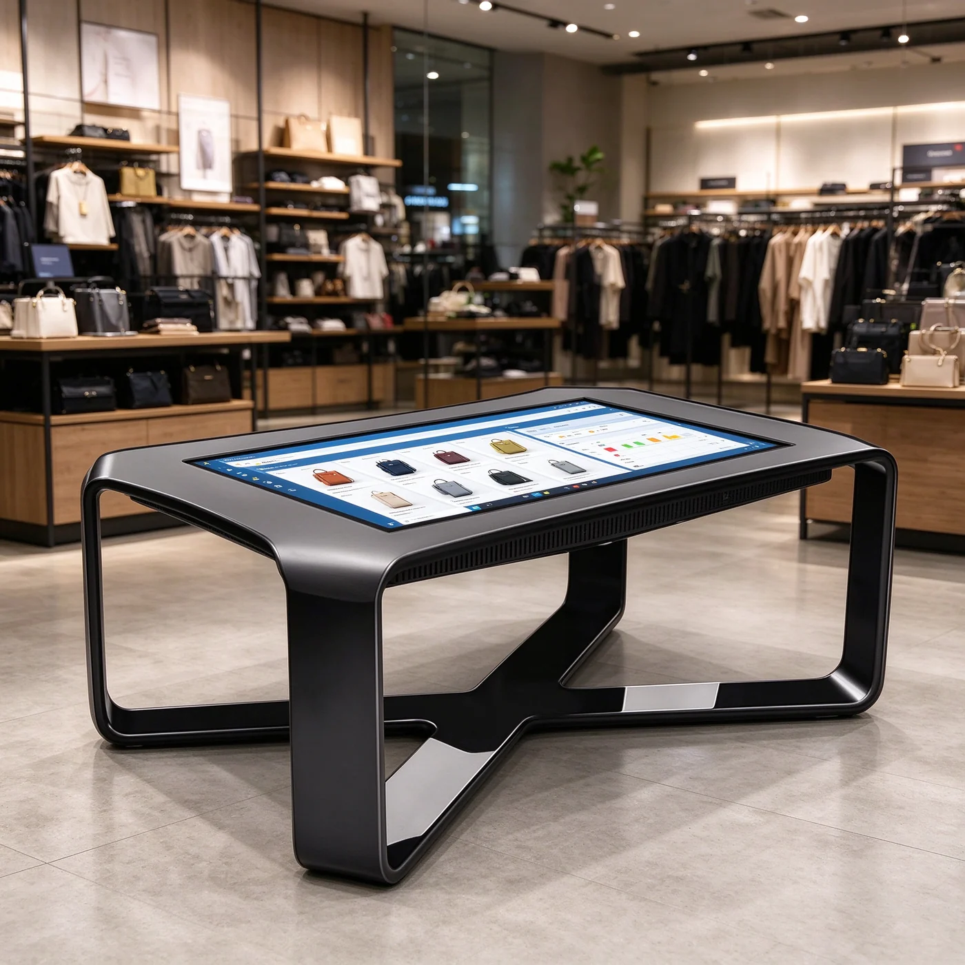 Android-based interactive touch table displaying retail product catalog with CMS integration