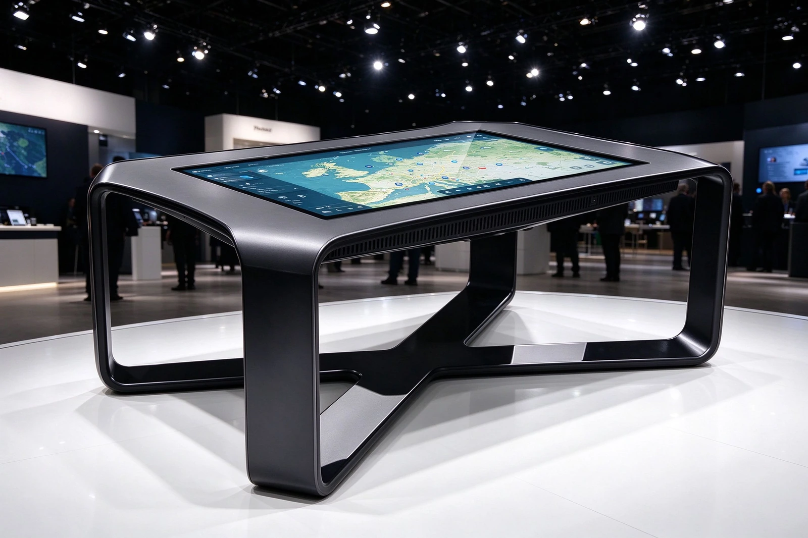 Anti-glare tempered glass surface of interactive touch table under bright indoor lighting in a showroom