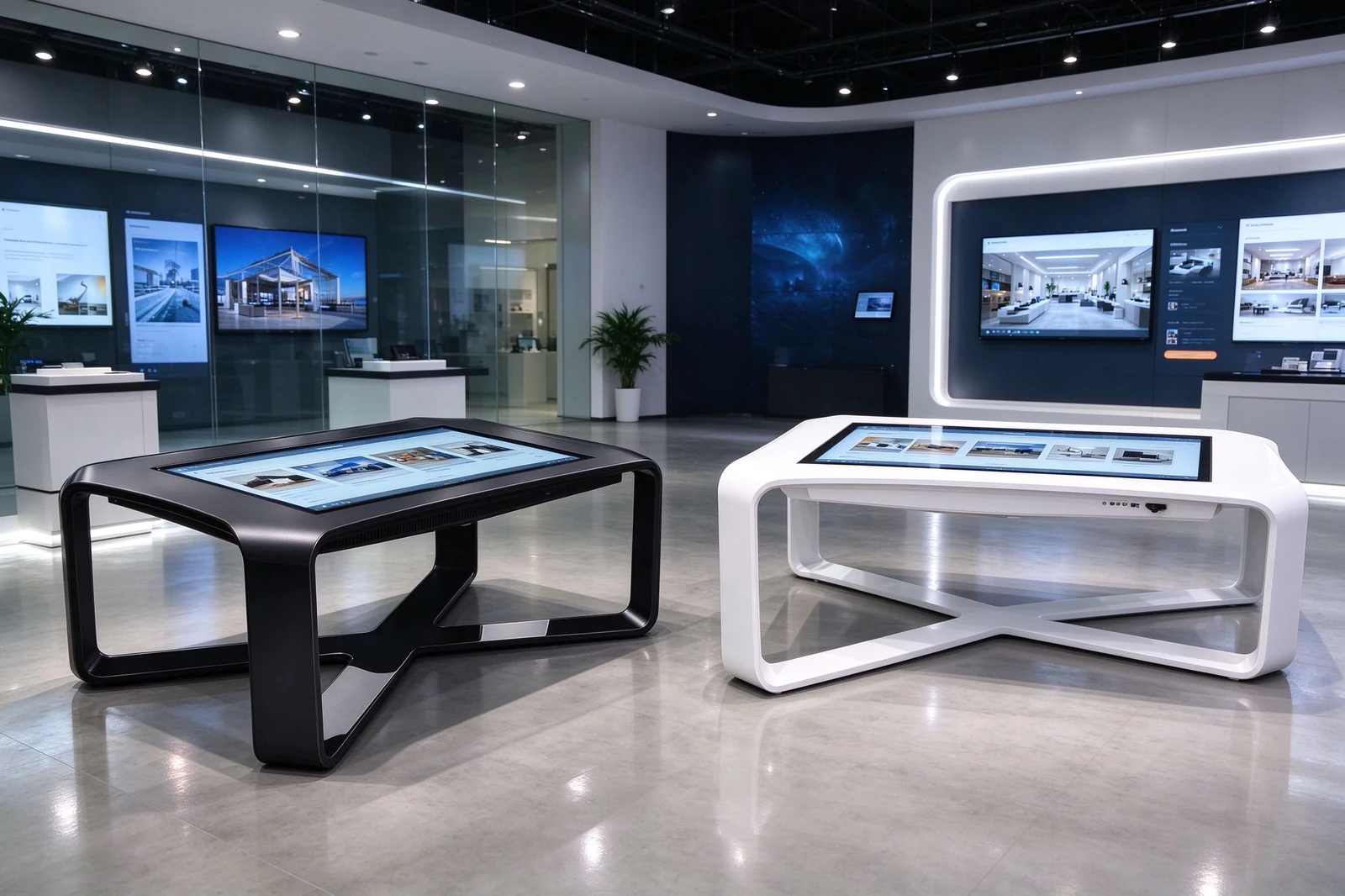 Black and white X-base interactive touch tables side by side with Windows system running product catalog