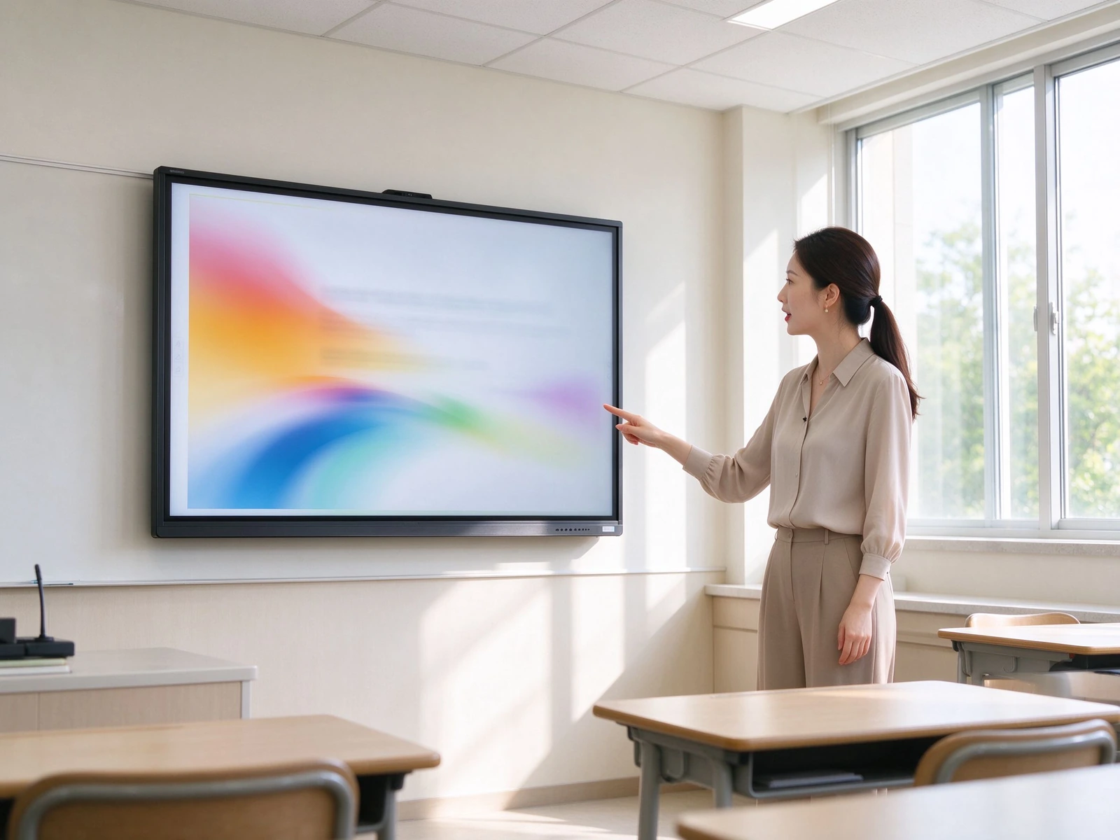 Bright anti-glare Qtenboard display in daylight classroom