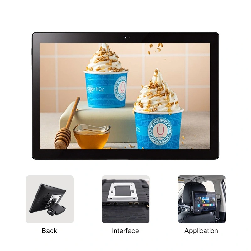 Qtenboard 10.1'' car headrest advertising tablet, front display preview, show back shell, rear interface and taxi installation application
