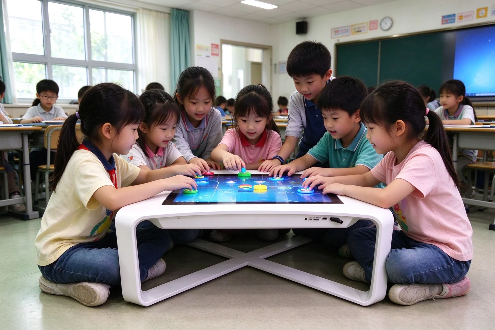 Children using interactive touch table for collaborative educational game in a classroom