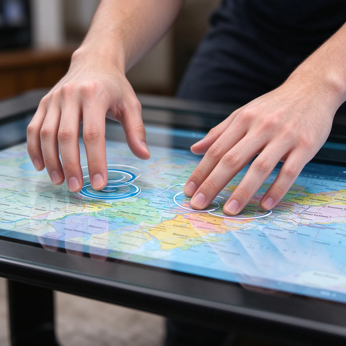 Close-up of hands using multi-finger gestures on tempered glass surface of X-base touch table