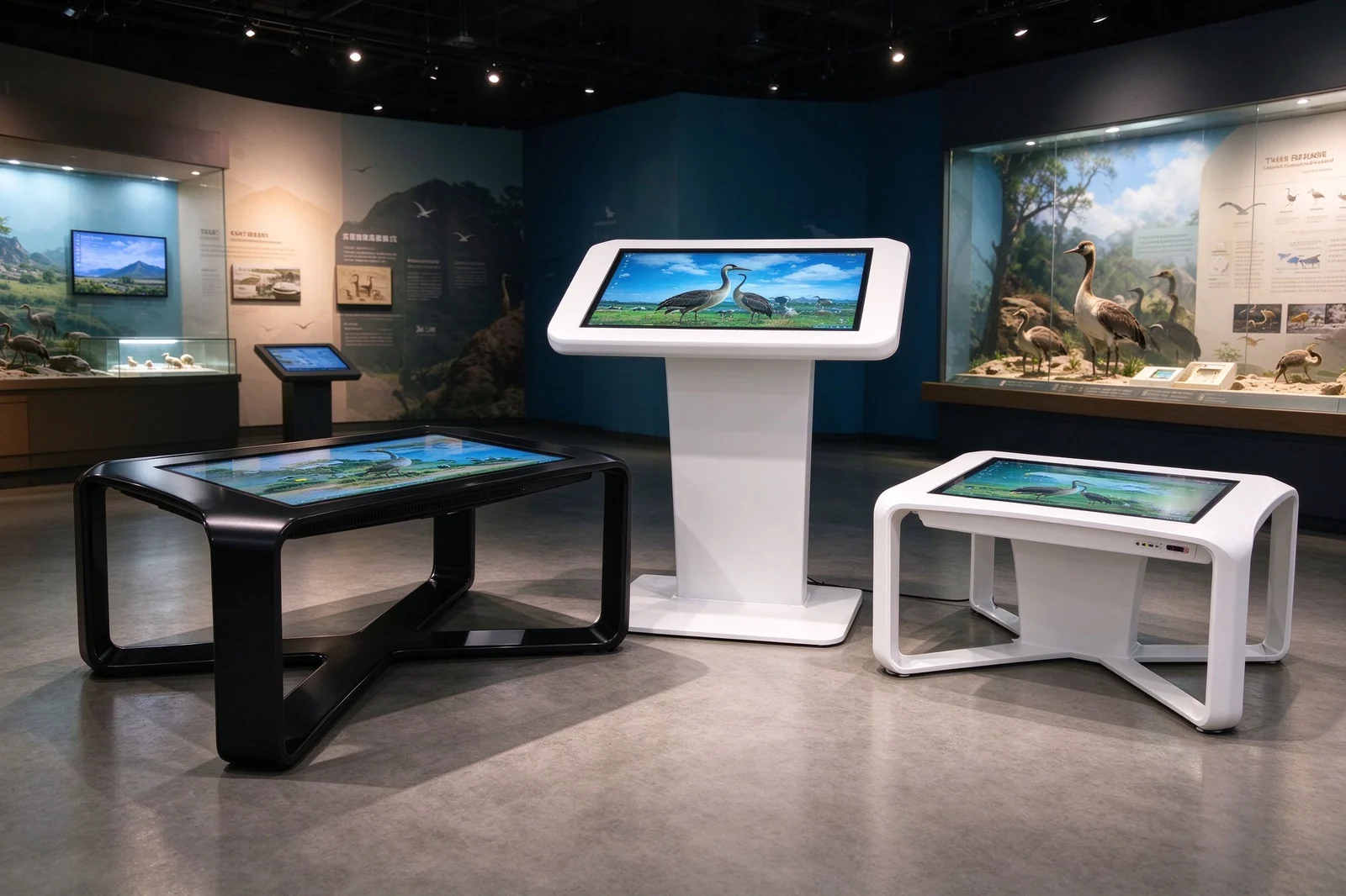 Custom black and white X-base interactive touch tables in different table heights for retail and museum projects