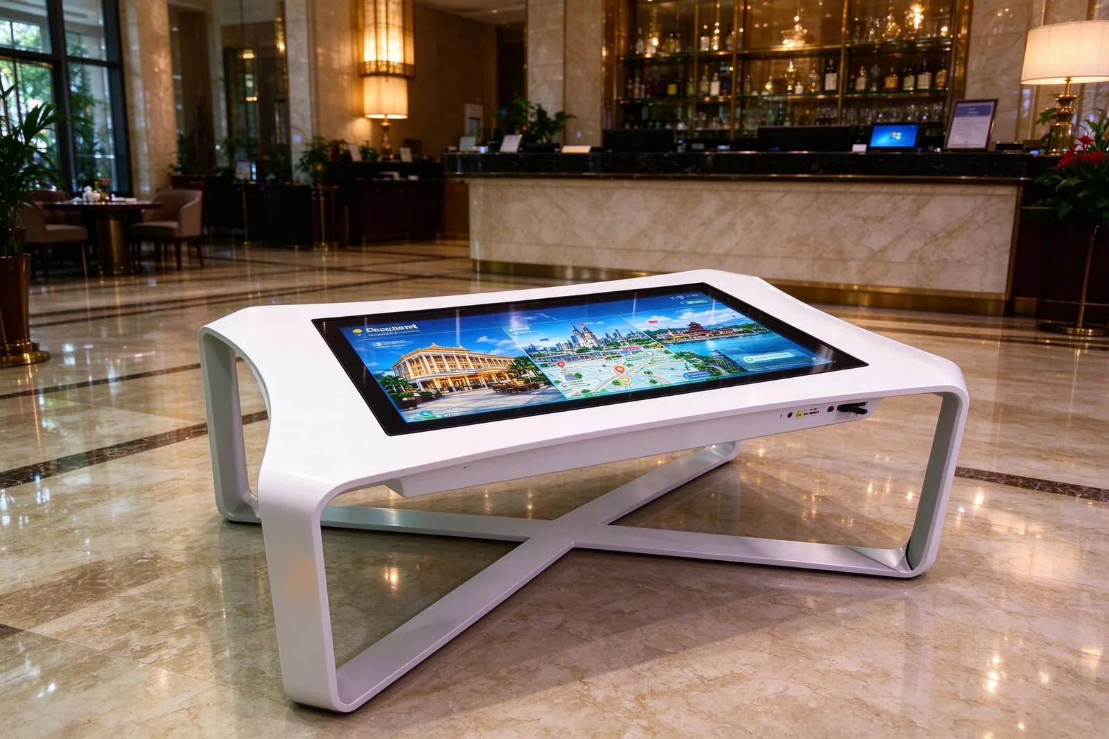 Hotel lobby interactive touch table providing self-service information and local attraction guide