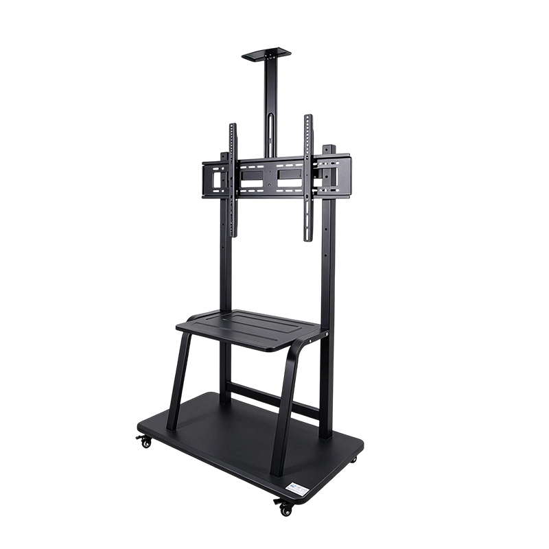 Qtenboard black steel interactive display mobile cart with storage tray and 4 lockable casters for 55-86 inch interactive whiteboard
